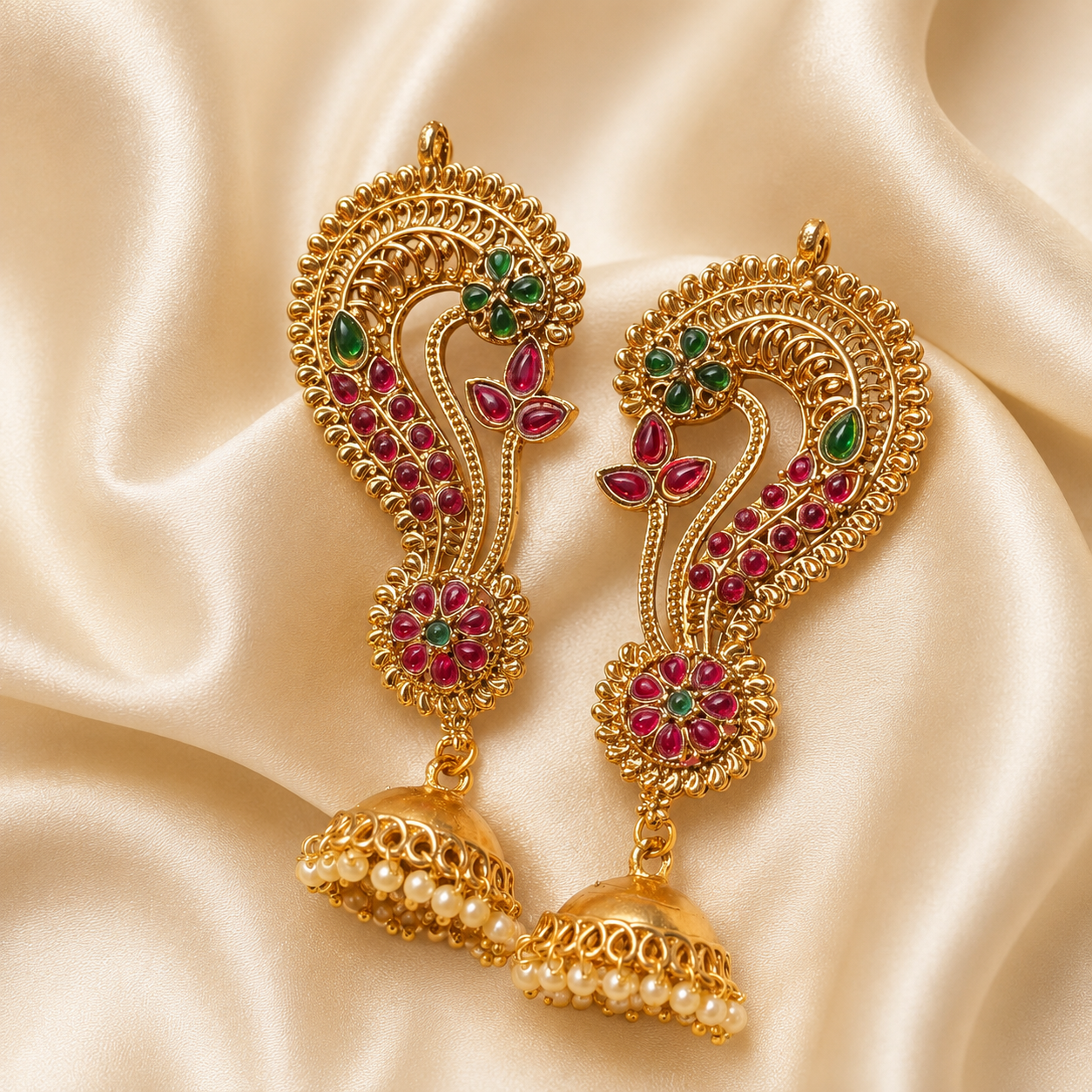 Ruby Green Peacock Brass Jhumka Earrings