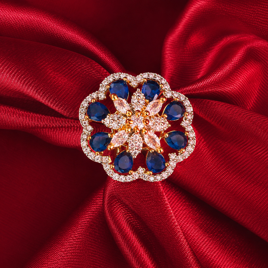 Blue American Diamond Dual-Tone Floral Cocktail Ring