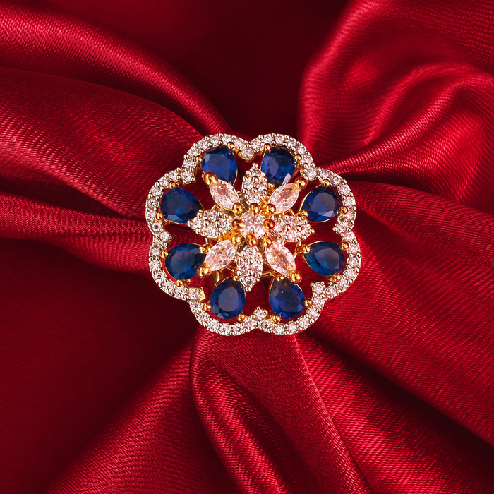 Blue American Diamond Dual-Tone Floral Cocktail Ring