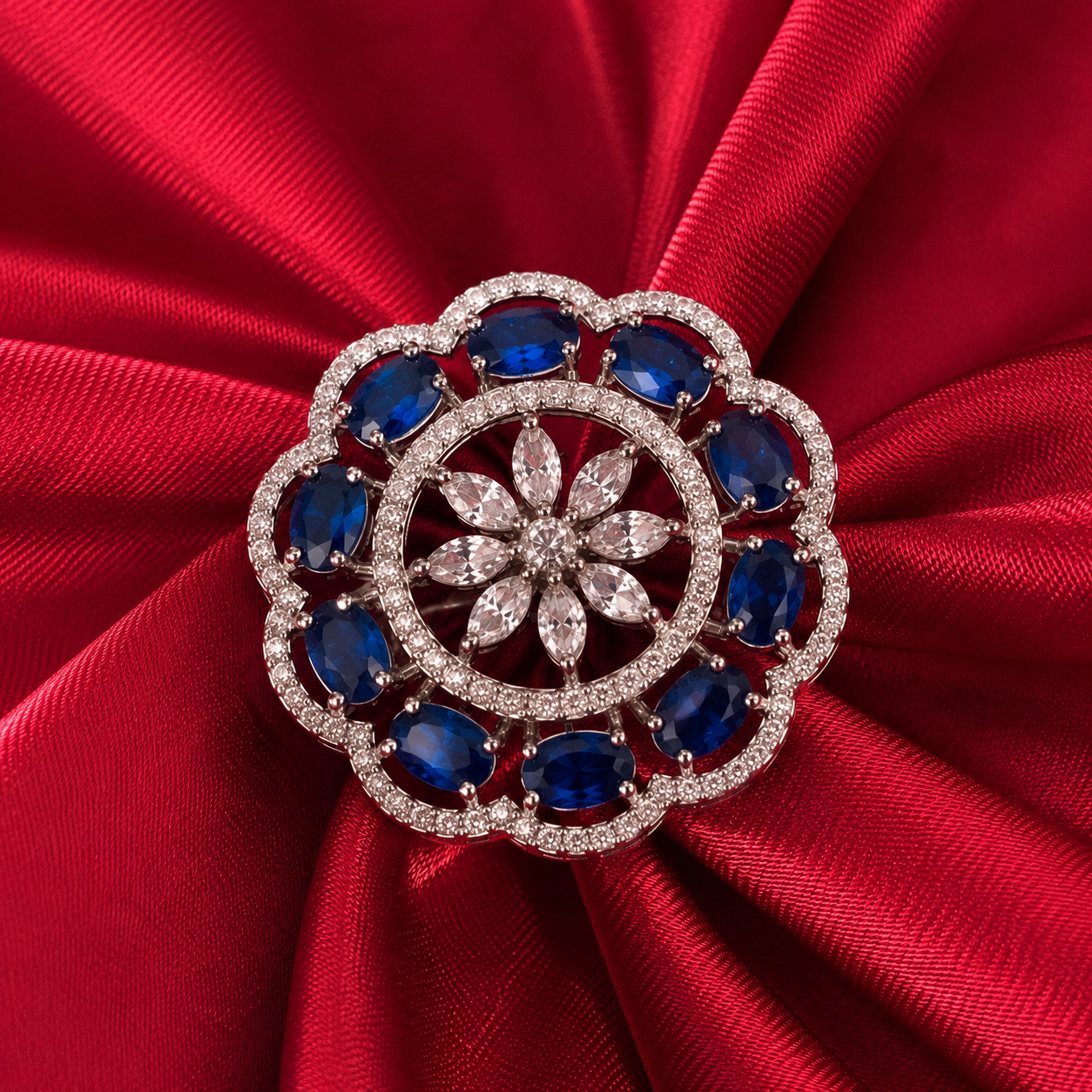Blue American Diamond Floral Cocktail Ring