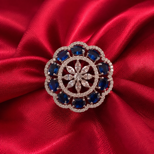 Blue American Diamond Floral Cocktail Ring