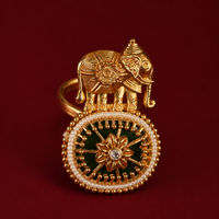 Elephant Motif Meenakari Pearl Brass Adjustable Ring