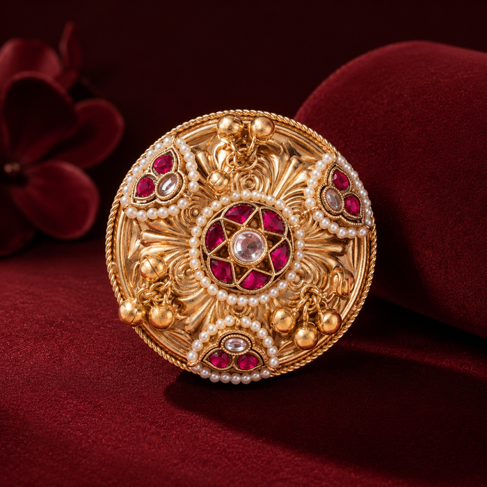 Embossed Floral Kundan-Style Pearl Brass Statement Ring