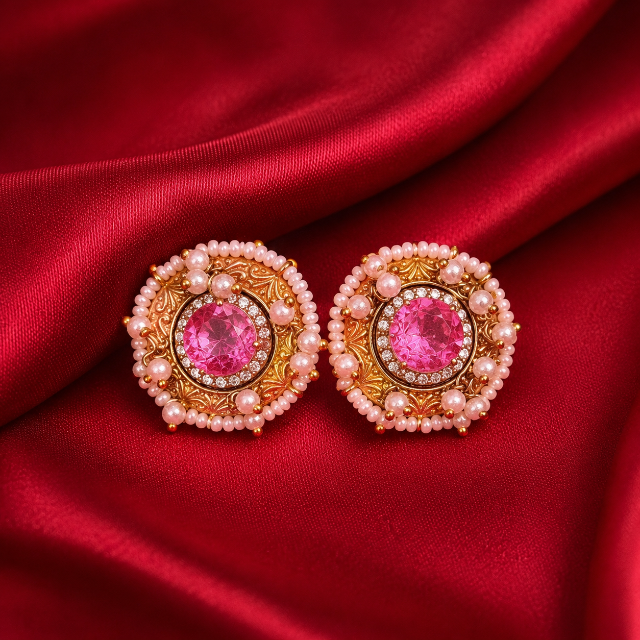 Round Pink Kundan-Style Pearl Brass Stud Earrings