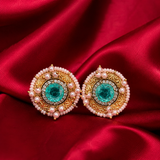 Round Aqua Blue Kundan-Style Pearl Brass Stud Earrings