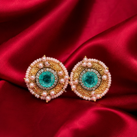 Round Aqua Blue Kundan-Style Pearl Brass Stud Earrings