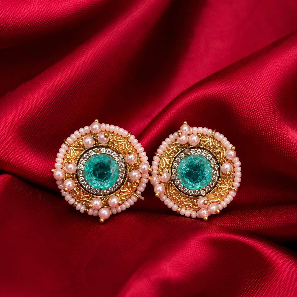 Round Aqua Blue Kundan-Style Pearl Brass Stud Earrings