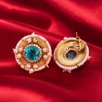 Round Aqua Blue Kundan-Style Pearl Brass Stud Earrings