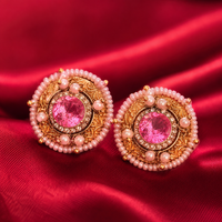 Round Pink Kundan-Style Pearl Brass Stud Earrings