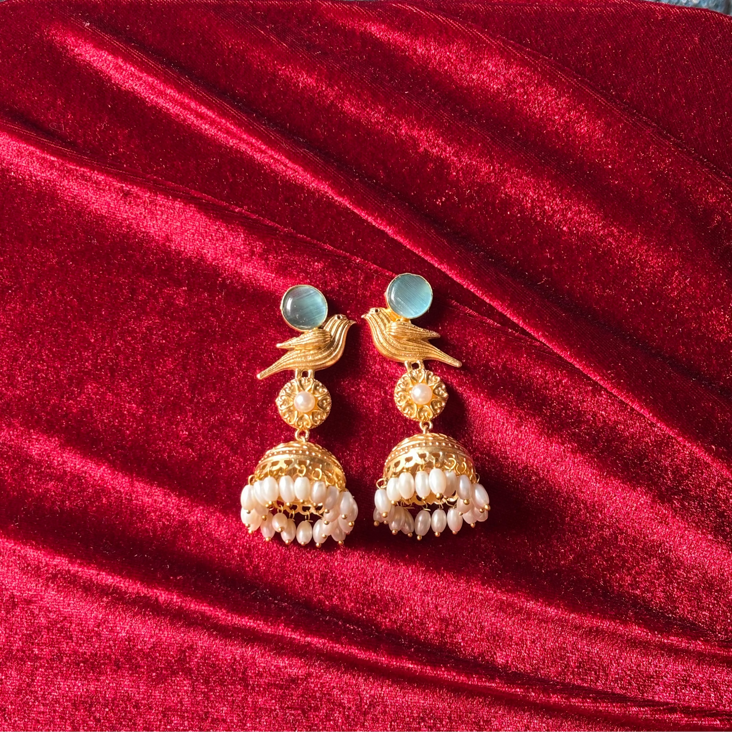 Gul Brass Mint Dove Jhumka Earrings with Pearl Drops