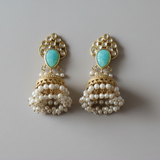 Jodhpuri Brass Green Temple Jhumka Earrings with Pearl Drops