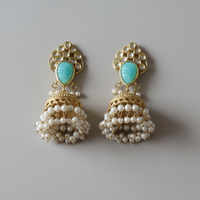 Jodhpuri Brass Green Temple Jhumka Earrings with Pearl Drops
