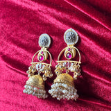 Shan Brass Silver Lotus Jhumka Earrings with Pearl Drops