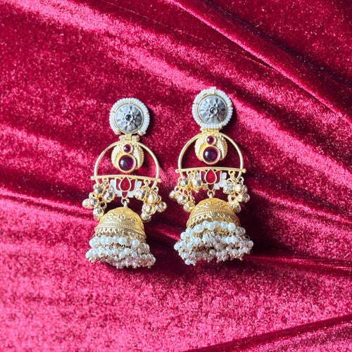 Shan Brass Silver Lotus Jhumka Earrings with Pearl Drops