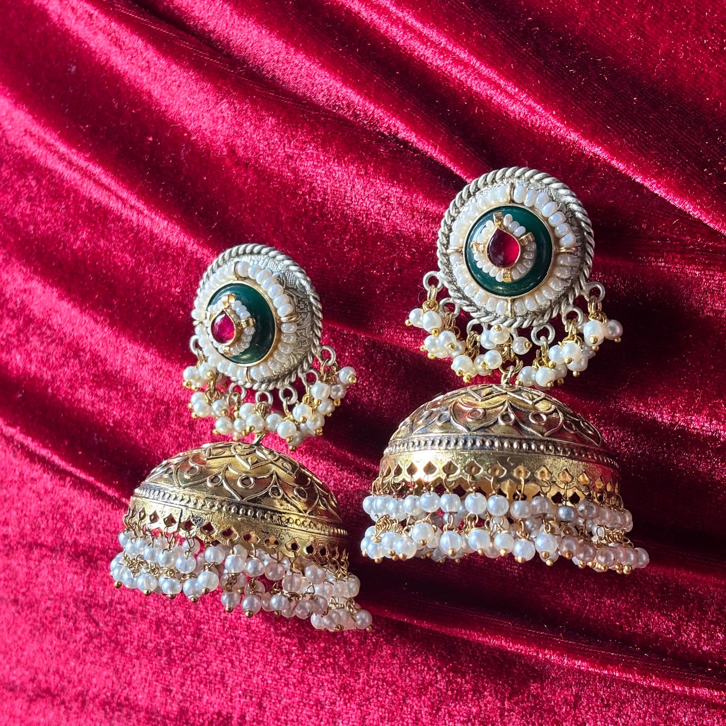 Ruhani Brass Green Jhumka Earrings with Pearl Drops