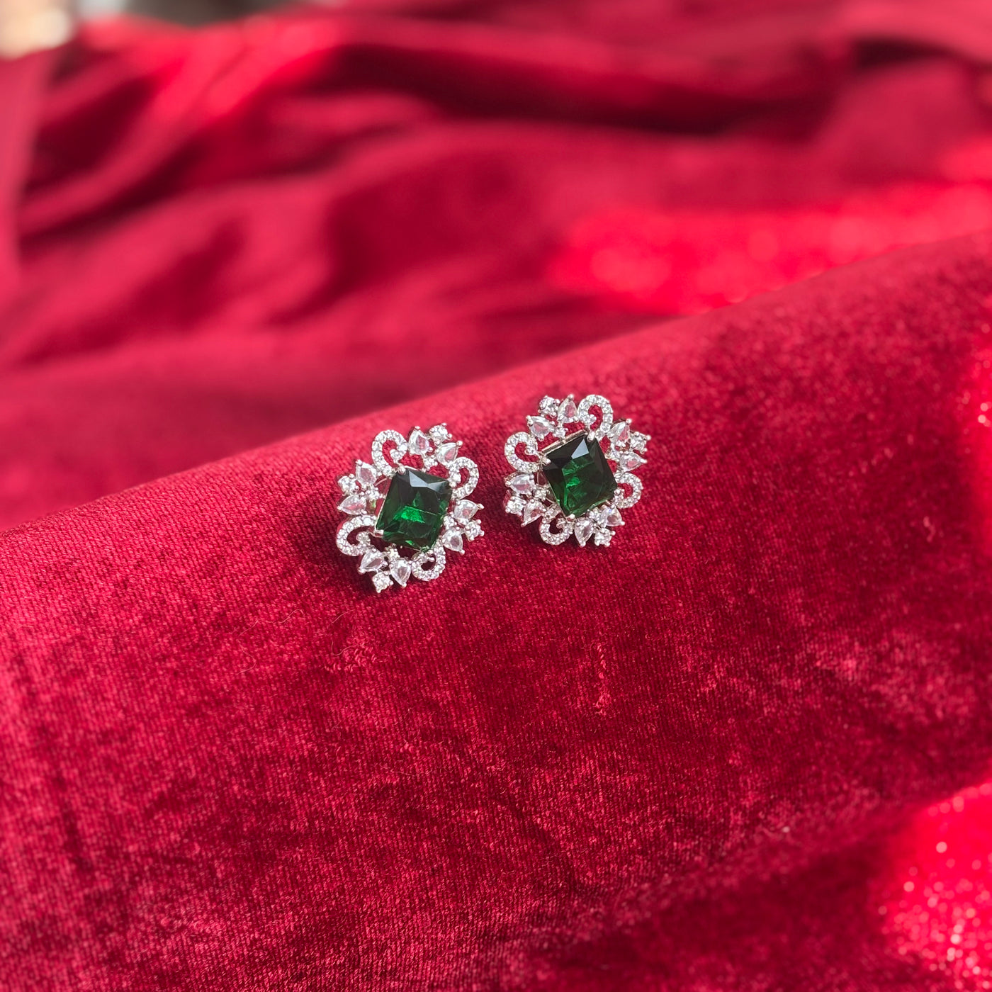 Elara Emerald Green Stone American Diamond Earrings
