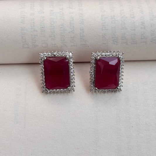 Elaris Rectangular Red Stone American Diamond Earrings