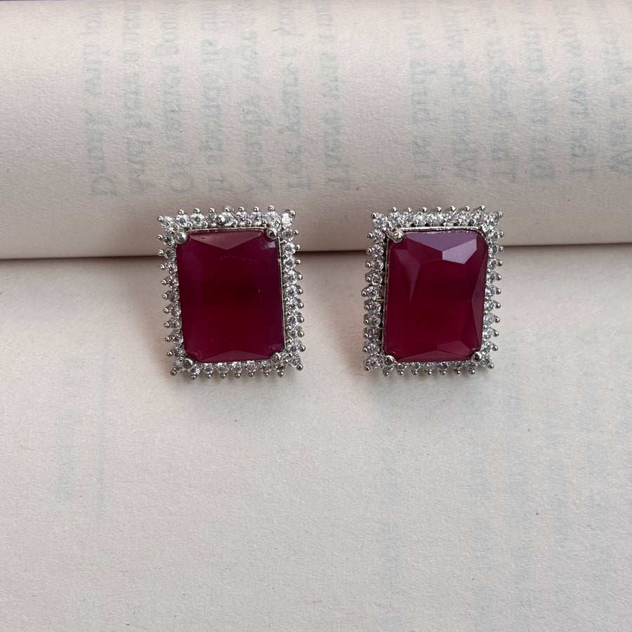 Elaris Rectangular Red Stone American Diamond Earrings