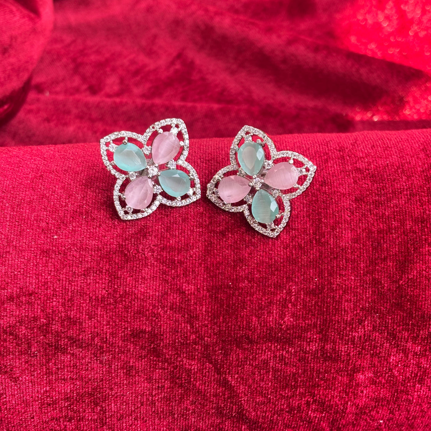 Vespera American Diamond Mint Pink Floral Earrings