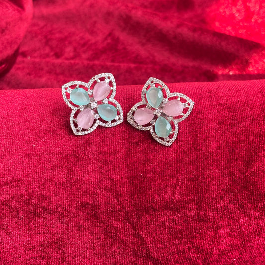 Vespera American Diamond Mint Pink Floral Earrings