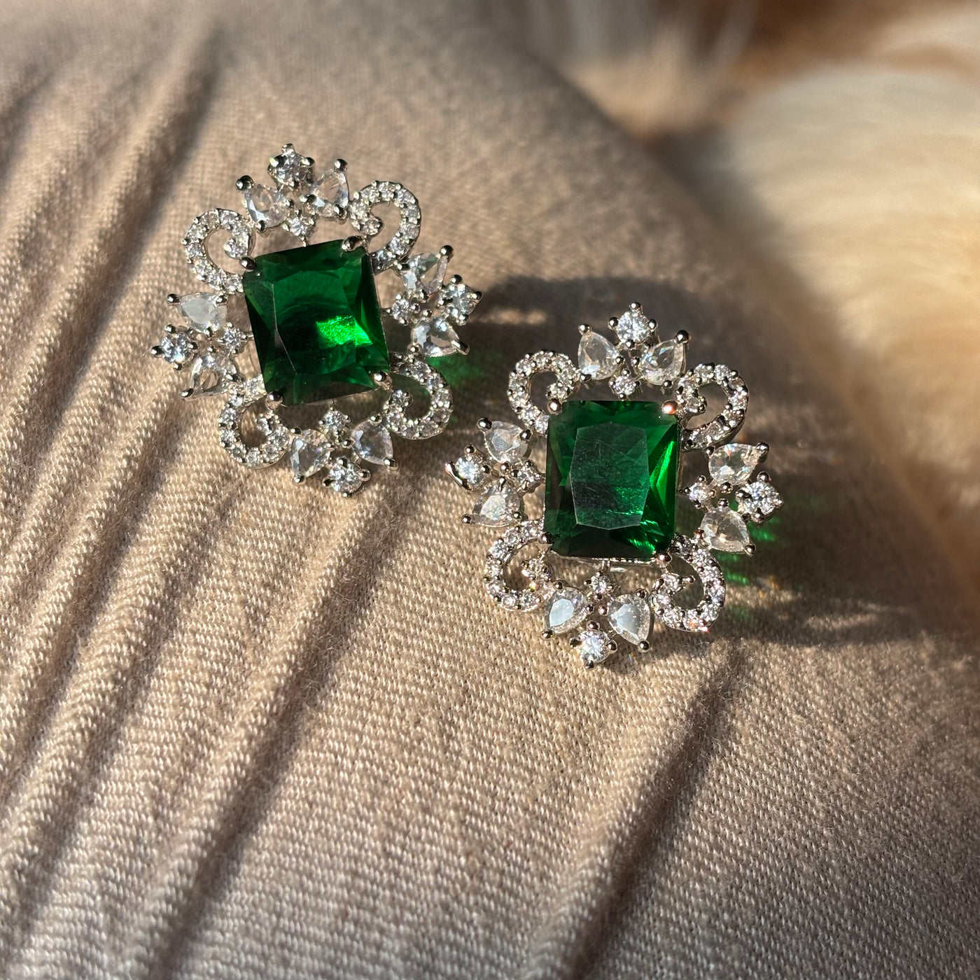 Elara Emerald Green Stone American Diamond Earrings