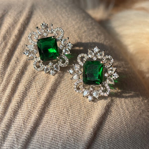 Elara Emerald Green Stone American Diamond Earrings