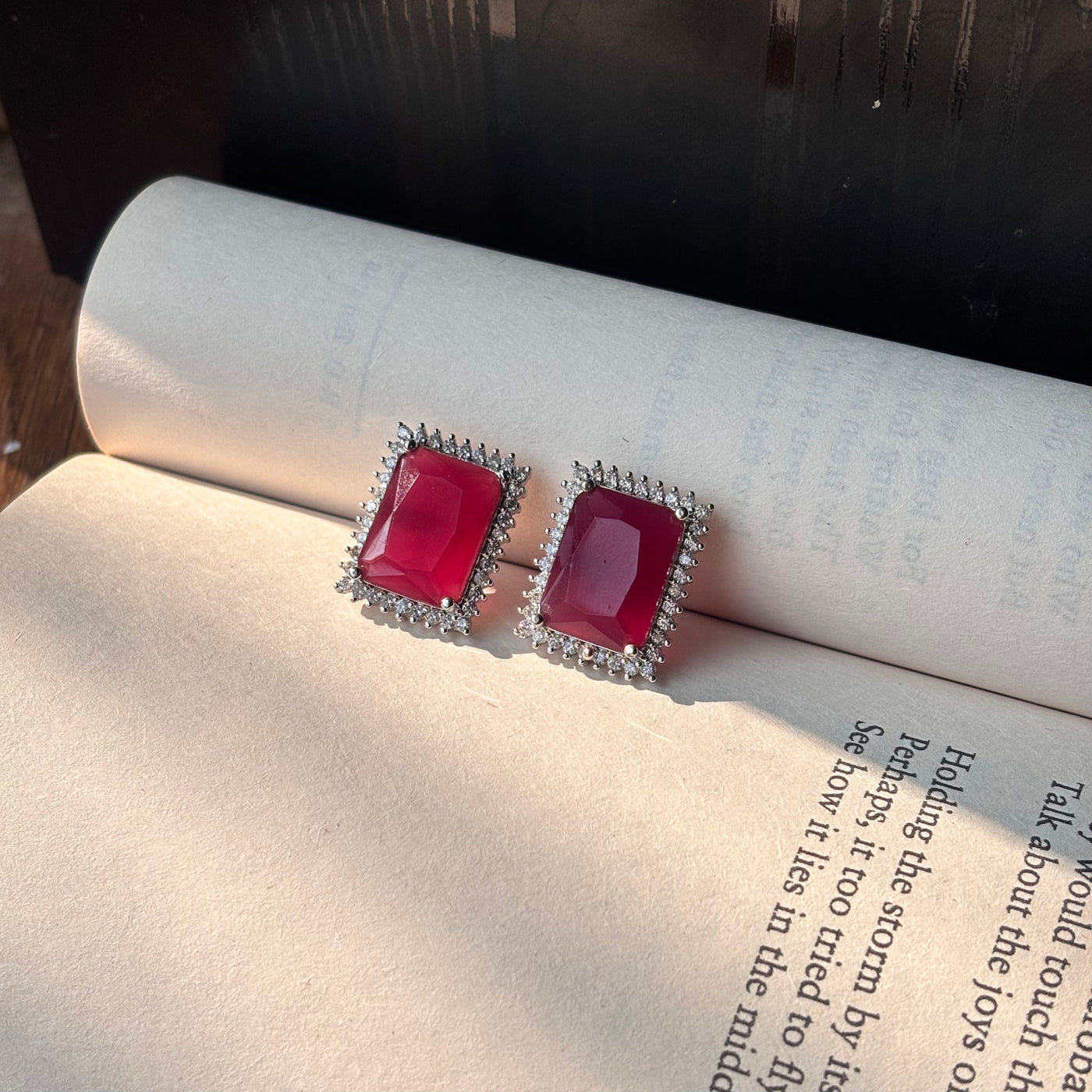 Elaris Rectangular Red Stone American Diamond Earrings