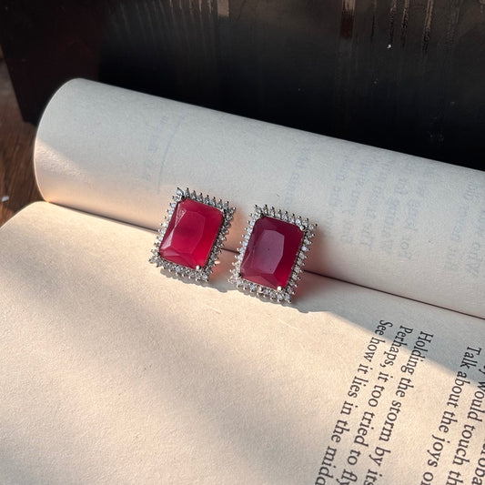 Elaris Rectangular Red Stone American Diamond Earrings