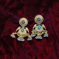 ZIVA Brass Green Stone Jhumka Earrings with Pearl Drops