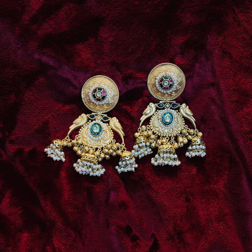 ZIVA Brass Green Stone Jhumka Earrings with Pearl Drops