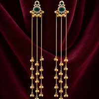 Green Stone Brass Long Chain Ghungroo Tassel Earrings