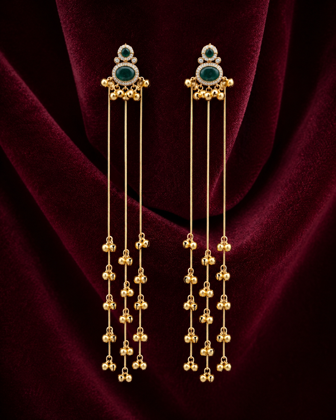 Green Stone Brass Long Chain Ghungroo Tassel Earrings