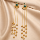 Green Stone Brass Long Chain Ghungroo Tassel Earrings