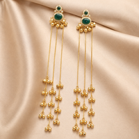 Green Stone Brass Long Chain Ghungroo Tassel Earrings