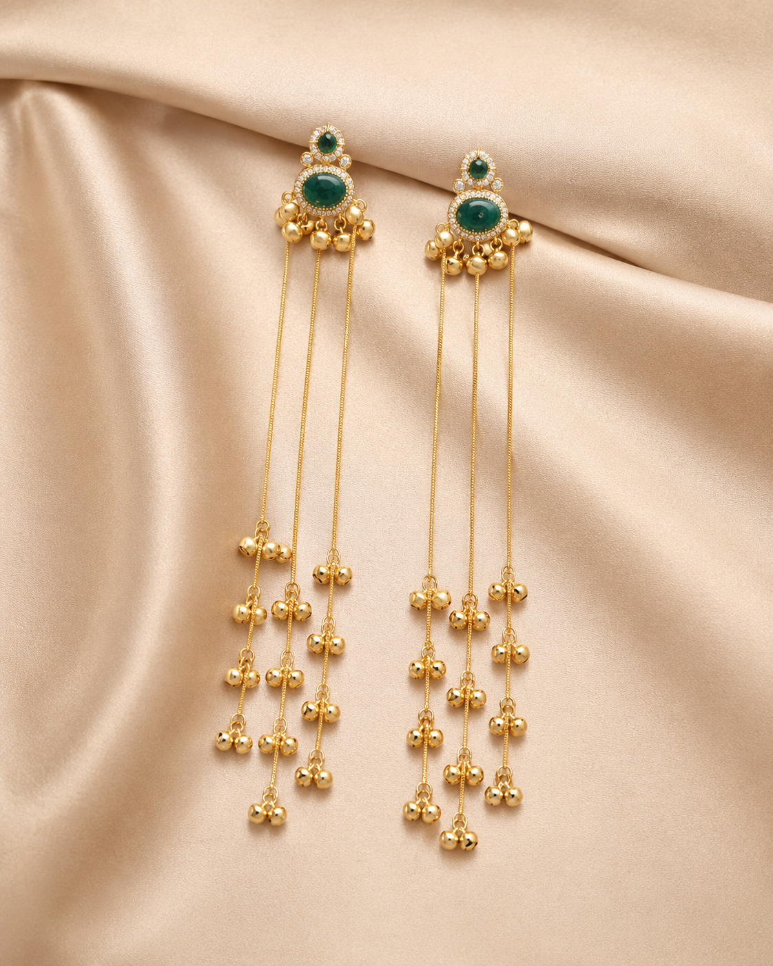 Green Stone Brass Long Chain Ghungroo Tassel Earrings