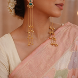 Green Stone Brass Long Chain Ghungroo Tassel Earrings