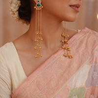 Green Stone Brass Long Chain Ghungroo Tassel Earrings