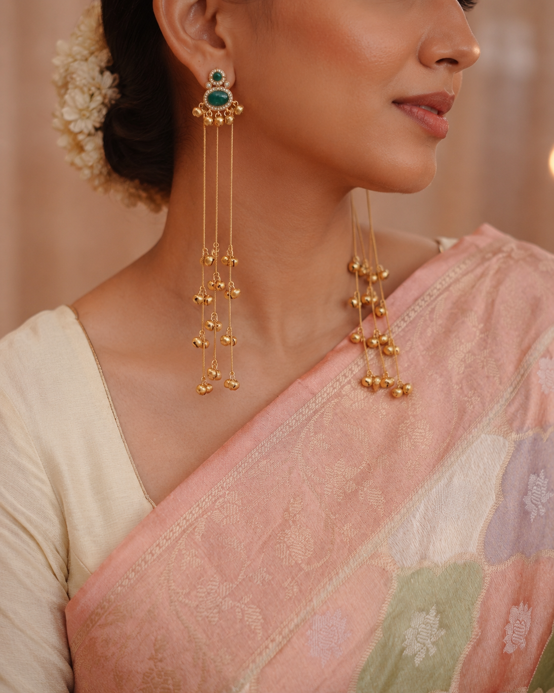 Green Stone Brass Long Chain Ghungroo Tassel Earrings