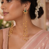 Green Stone Brass Long Chain Ghungroo Tassel Earrings