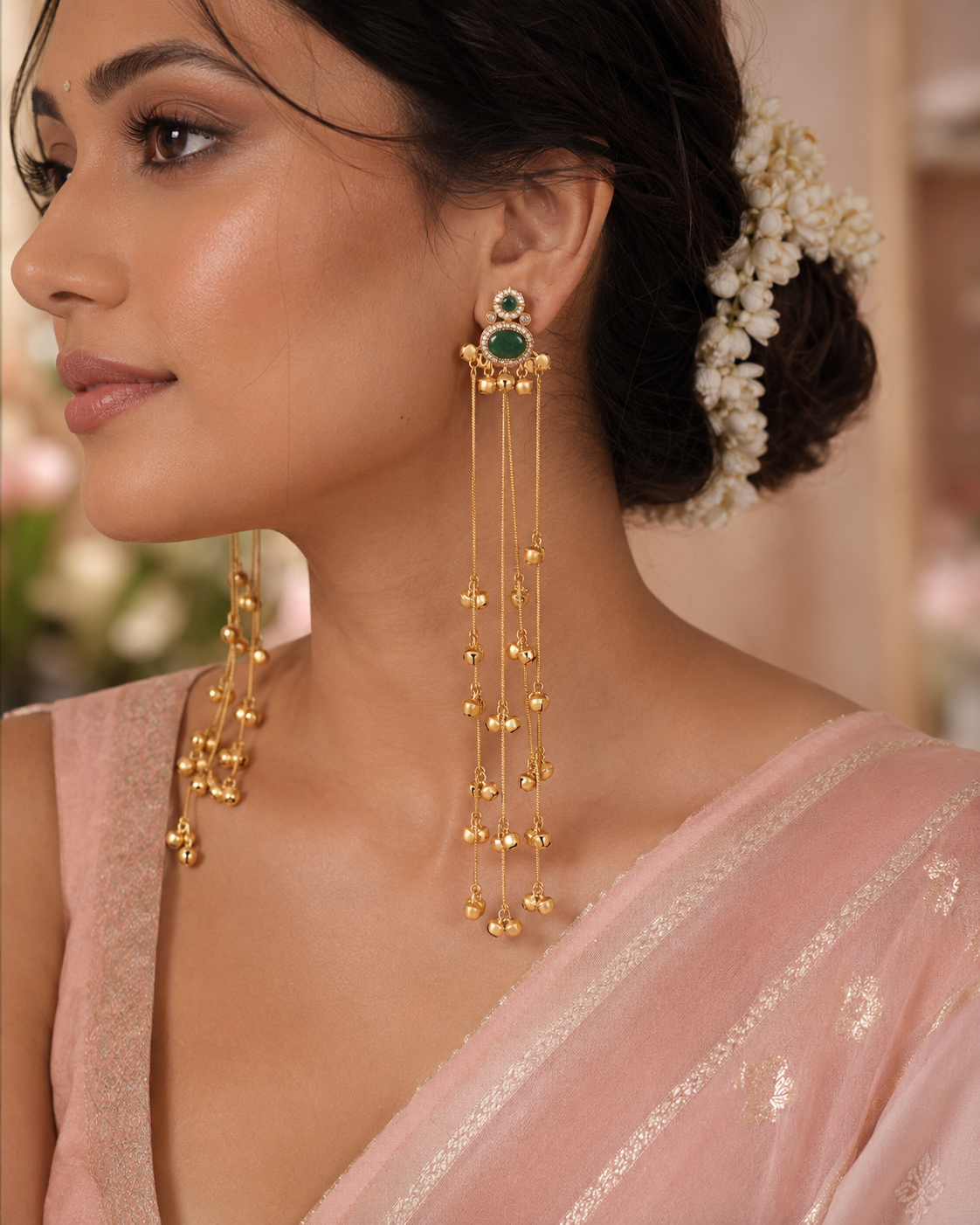 Green Stone Brass Long Chain Ghungroo Tassel Earrings