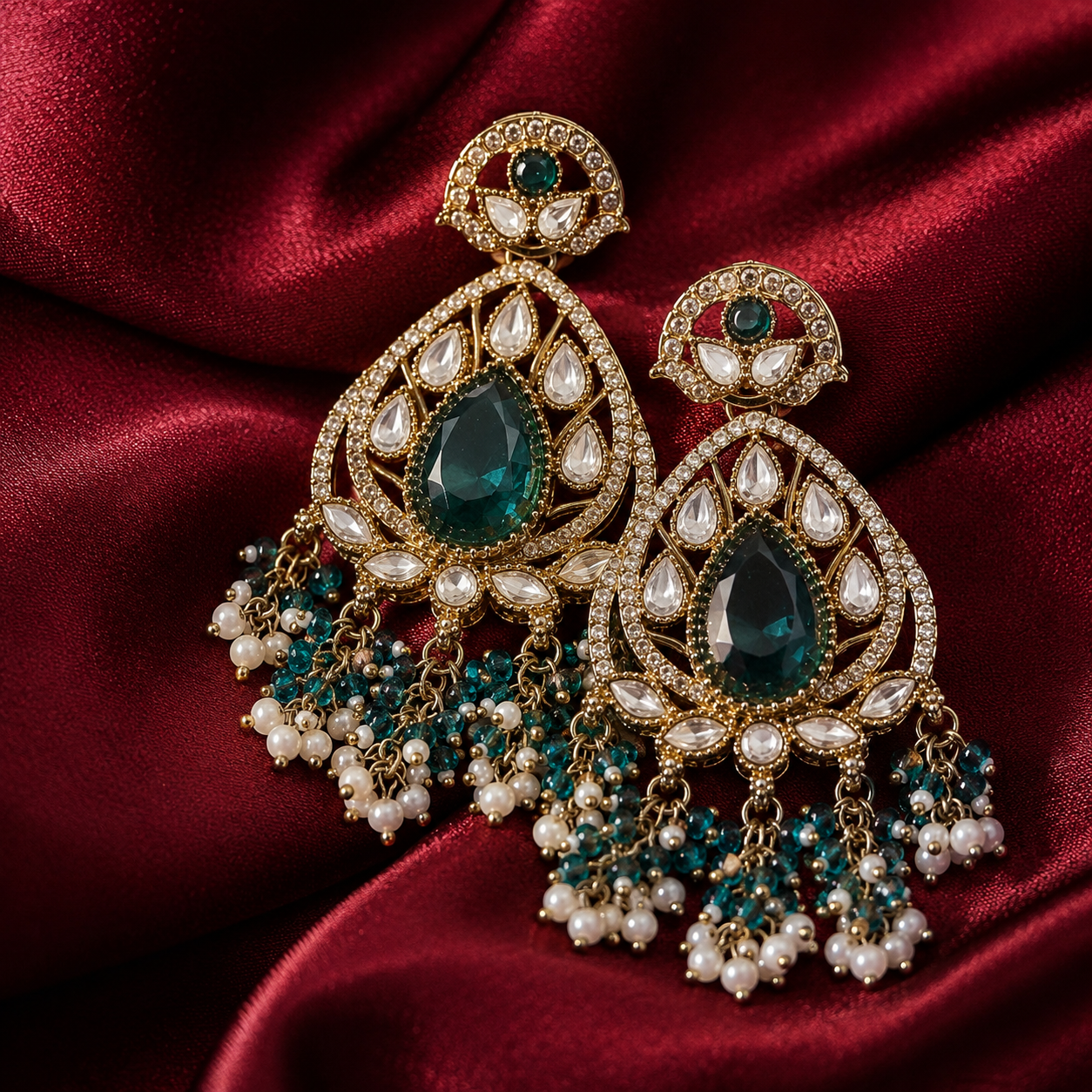 Gold-tone teardrop chandelier earrings with emerald-green center stones, rhinestone drops, pearl fringe