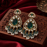Teardrop chandelier earrings with green gemstone, clear rhinestones, gold filigree, blue bead and pearl tassels