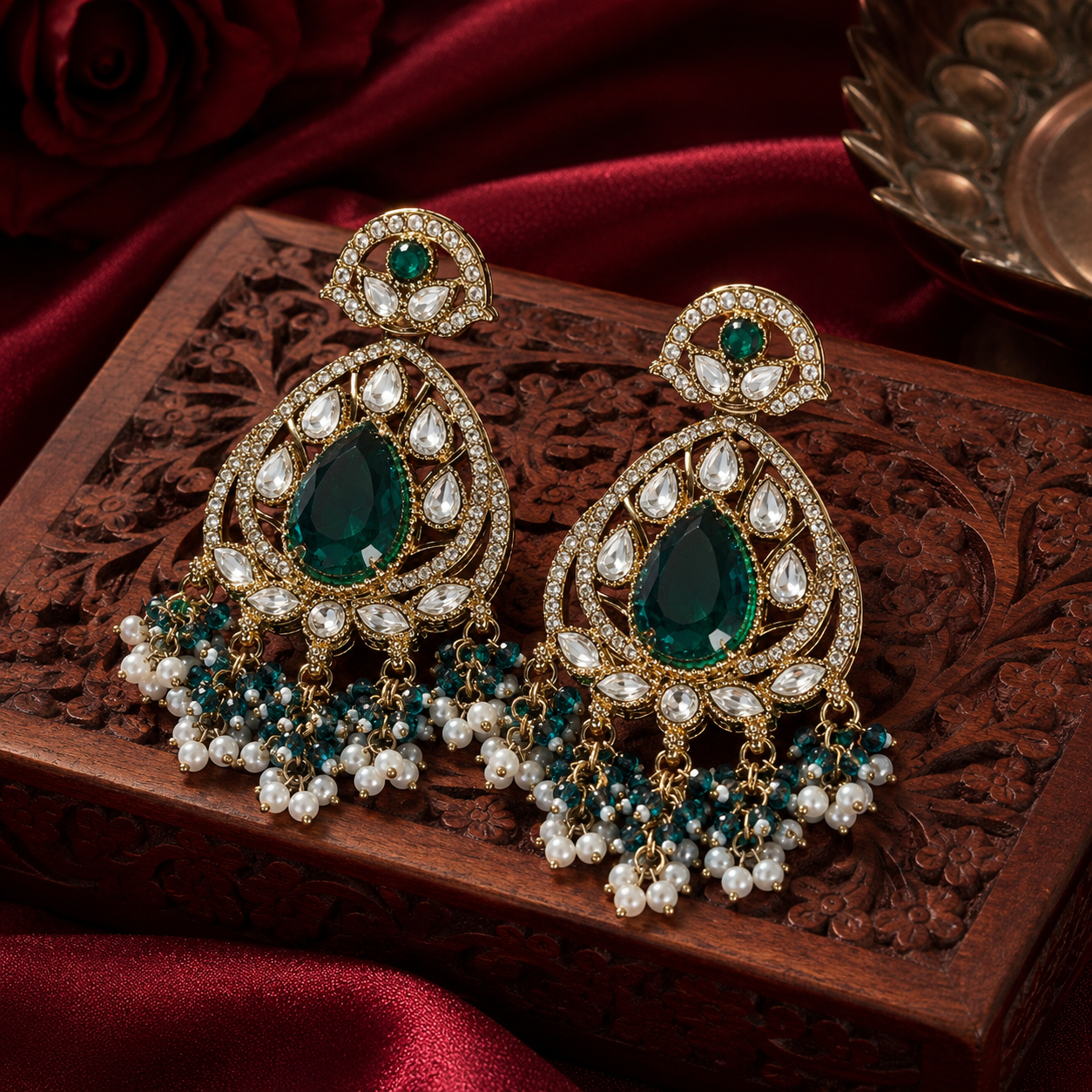 Teardrop chandelier earrings with green gemstone, clear rhinestones, gold filigree, blue bead and pearl tassels