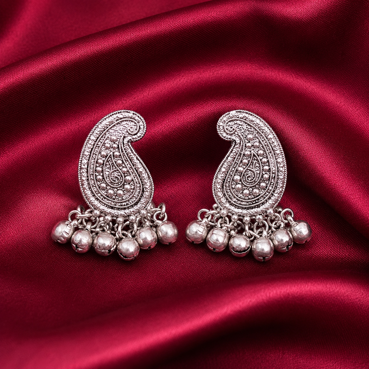 Silver-Plated Paisley Ghungroo Brass Earrings