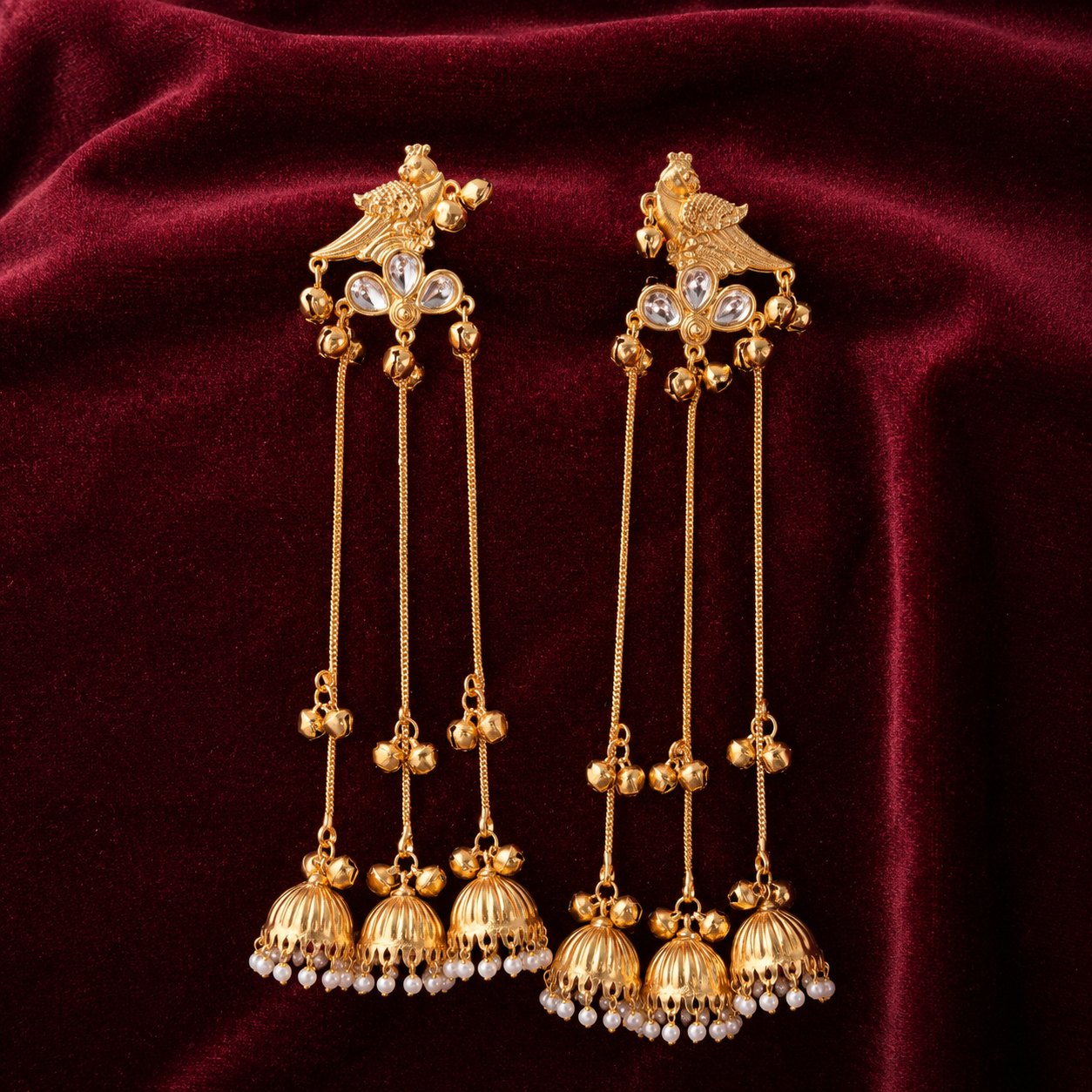 Bird Motif Triple Chain Brass Jhumka Earrings