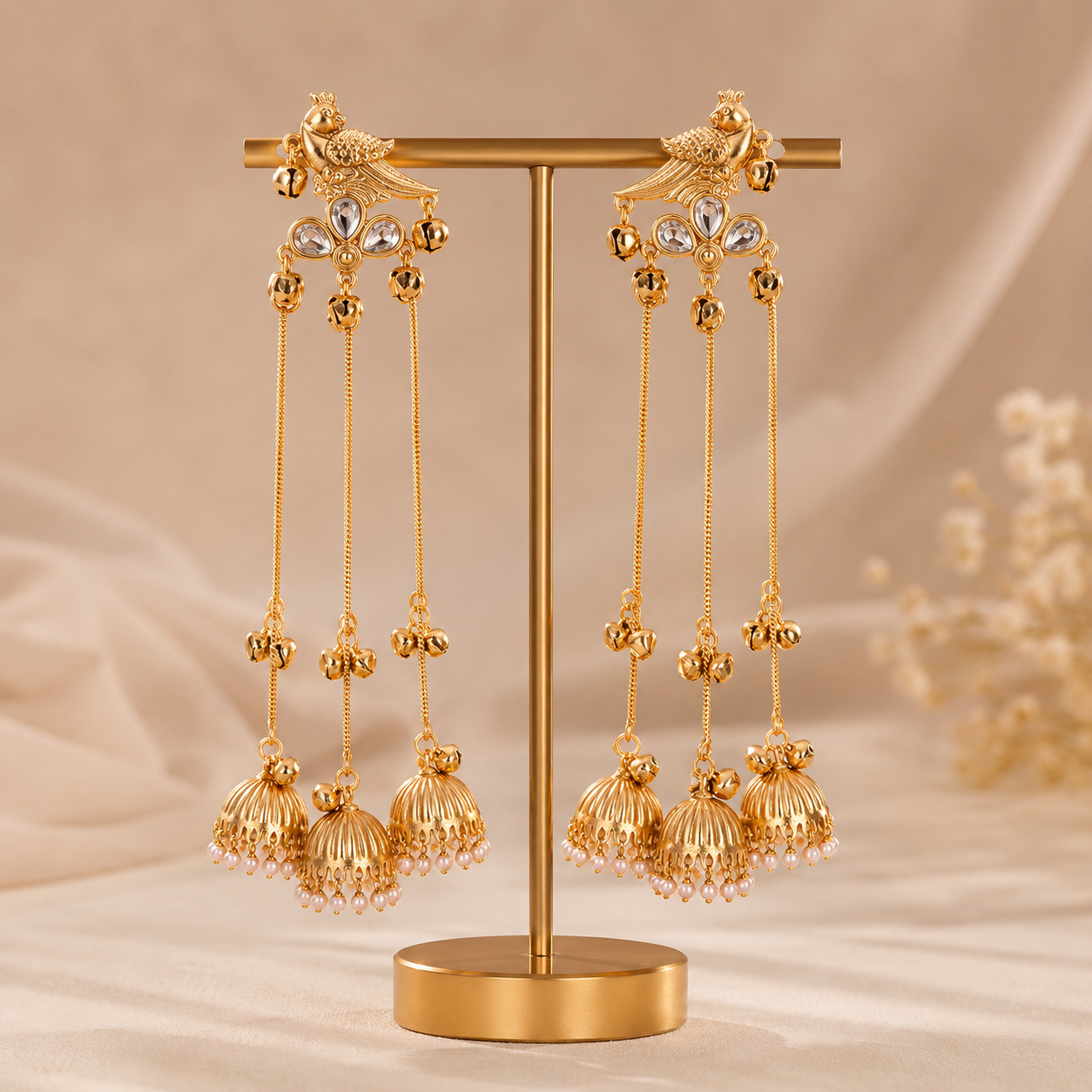 Bird Motif Triple Chain Brass Jhumka Earrings