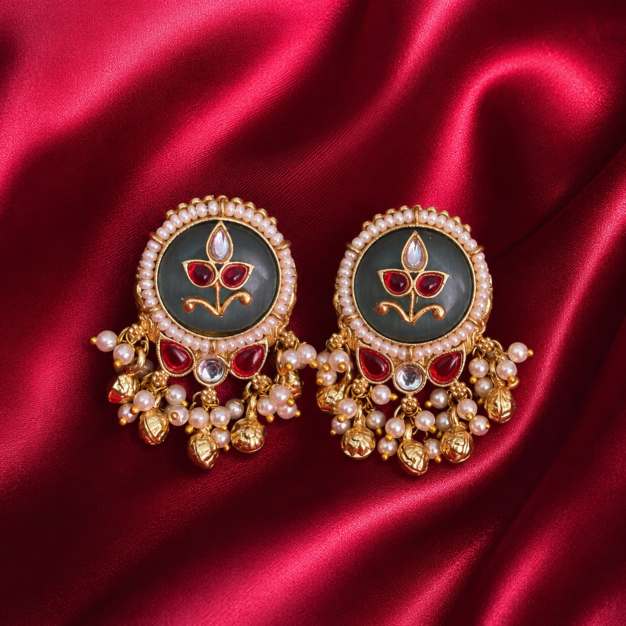 Black Monalisa Stone Brass Ghungroo Stud Earrings
