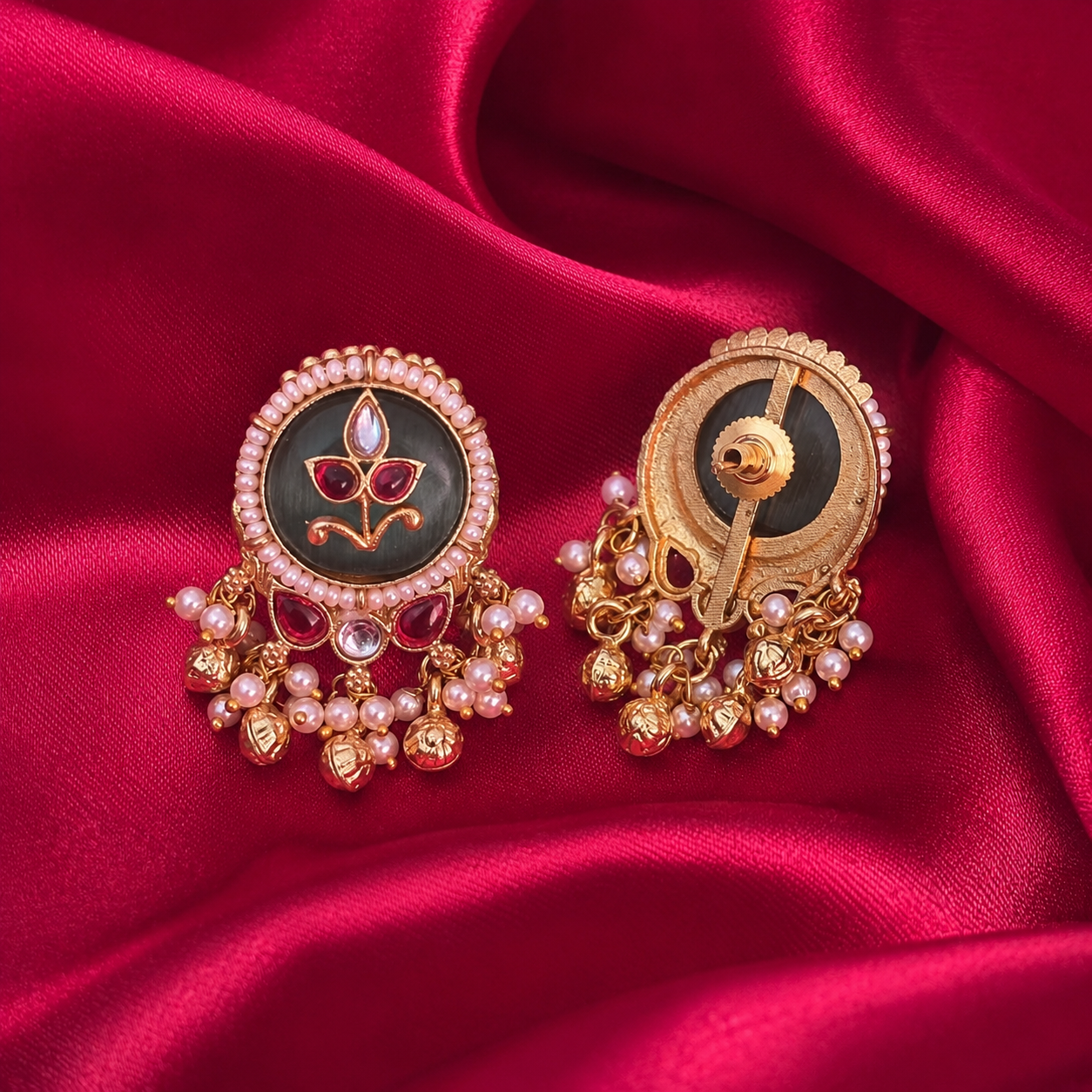 Black Monalisa Stone Brass Ghungroo Stud Earrings