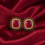 Ruby Red and Emerald Green Halo Brass Stud Earrings