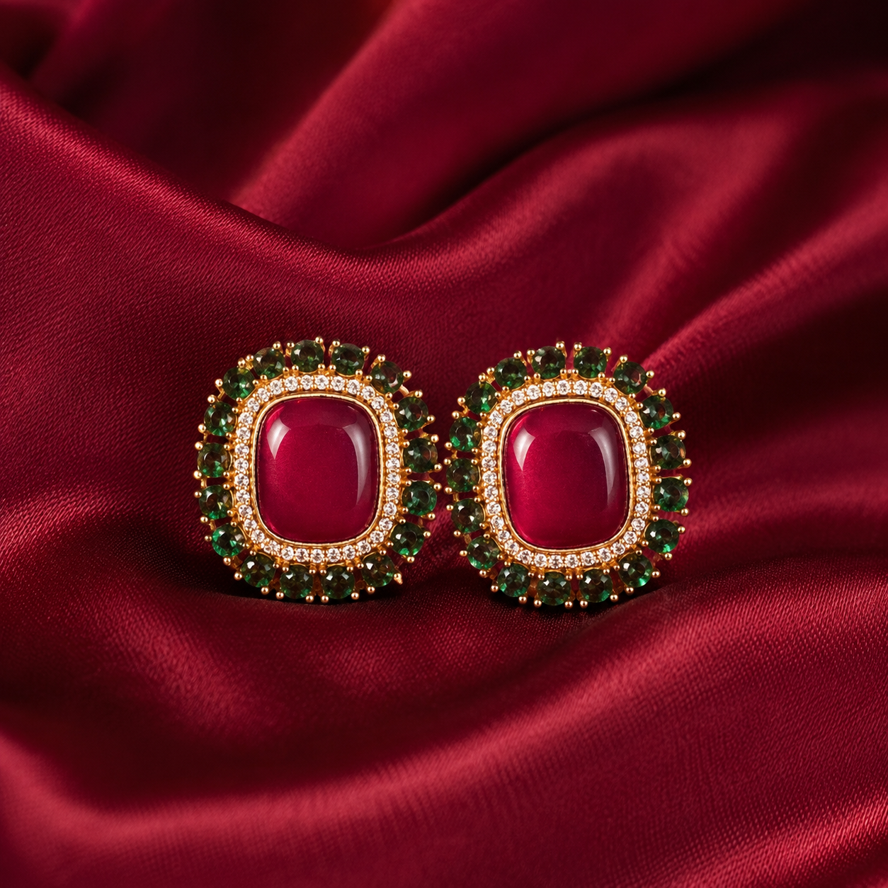 Ruby Red and Emerald Green Halo Brass Stud Earrings